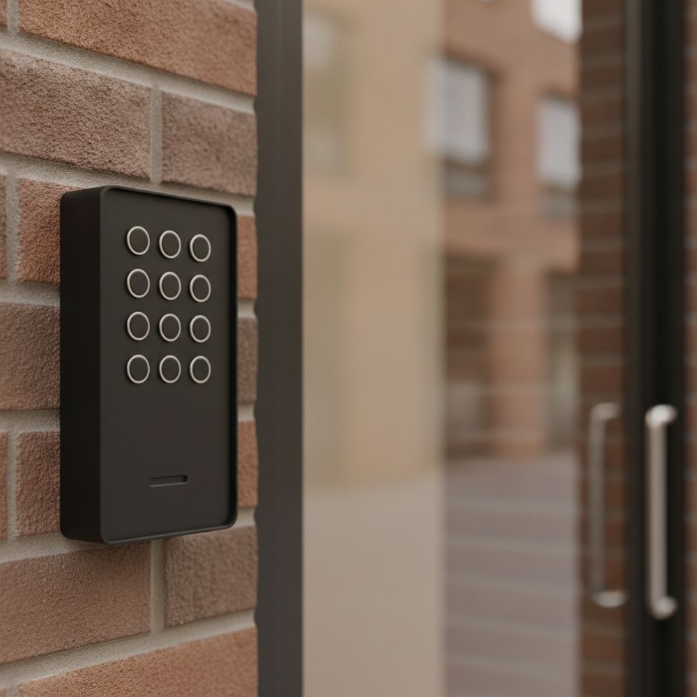 Black access control keypad with round buttons fixed to a brick wall beside a glass office door