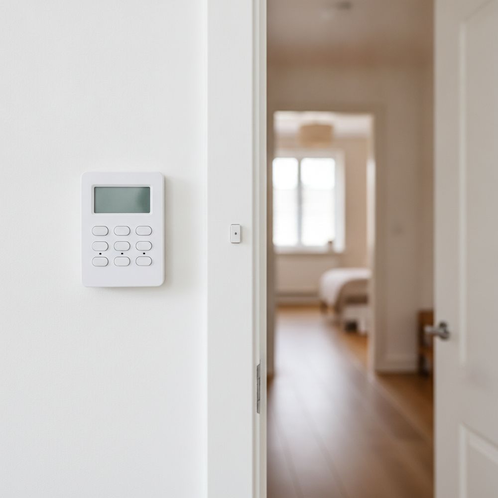 White burglar alarm keypad on a hallway wall beside a door sensor