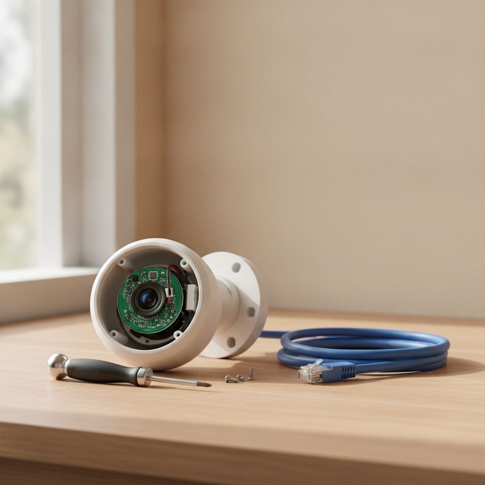 CCTV bullet camera with its housing removed on a workbench beside a screwdriver and a blue network cable