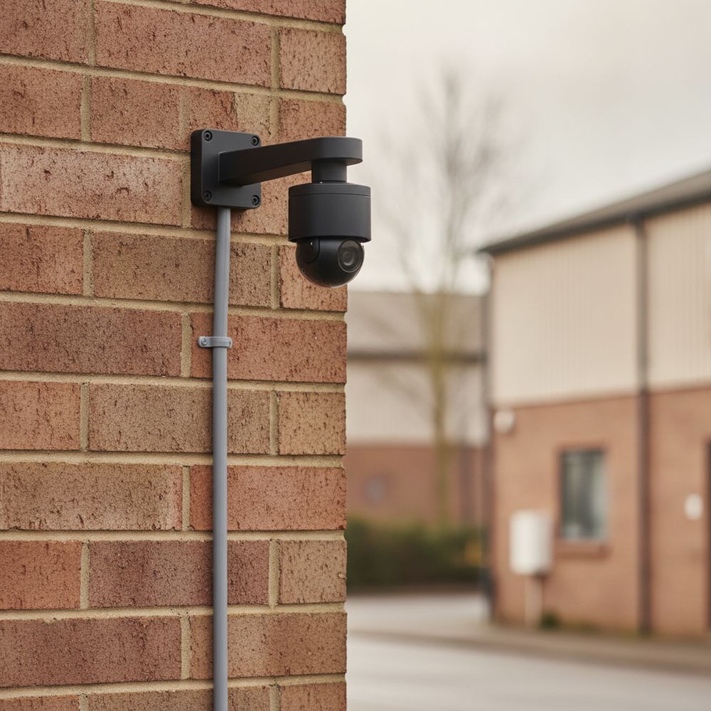Black CCTV dome camera on a wall bracket on the corner of a brick commercial building