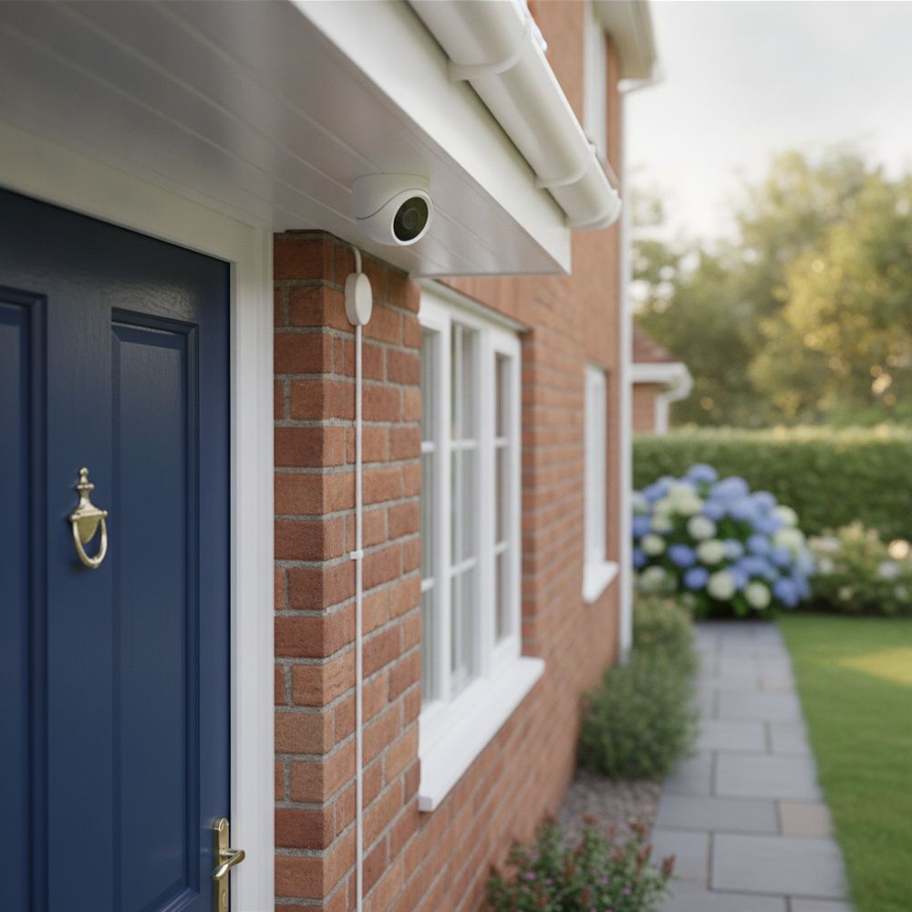 Small white CCTV camera under the eaves above a blue front door of a brick house