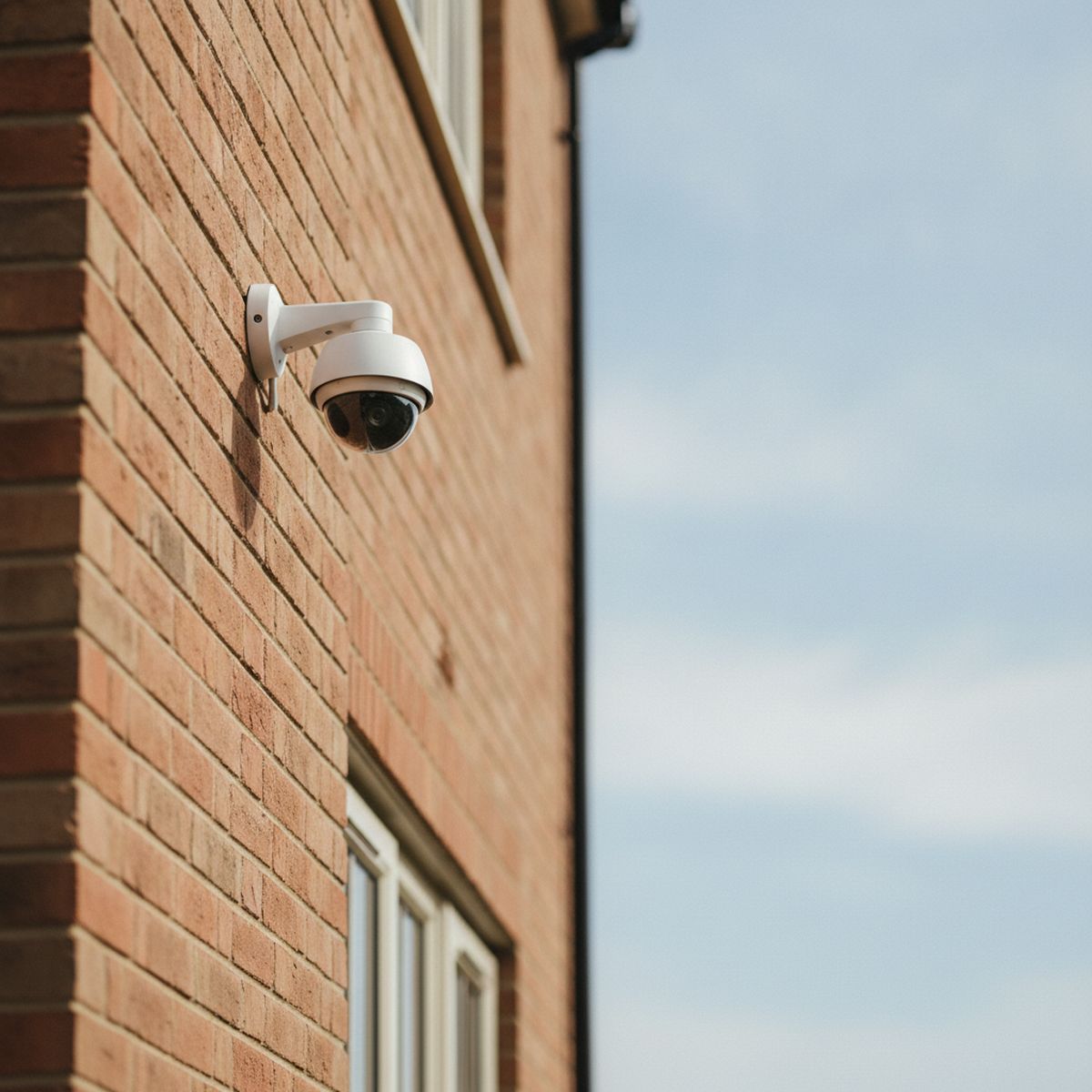 White dome CCTV camera fixed high on the red brick wall of a house under a pale blue sky