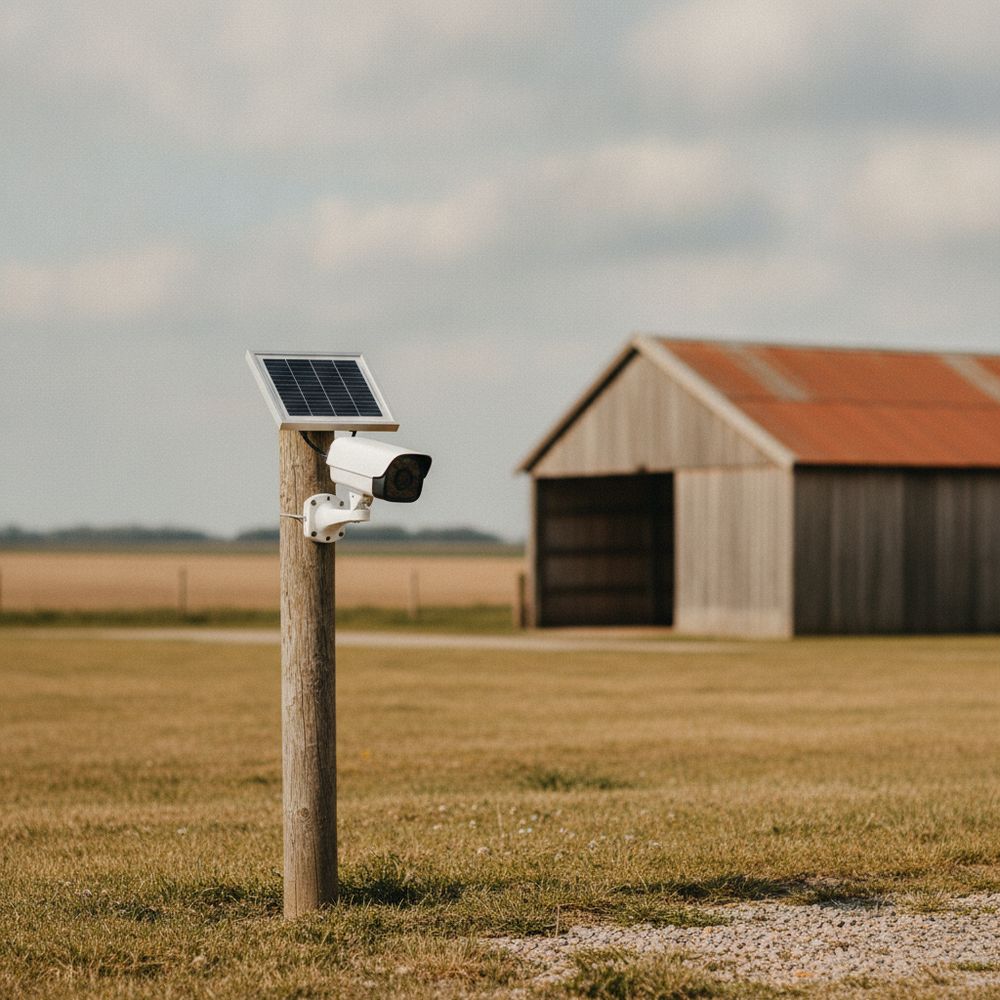 Weatherproof CCTV camera with a small solar panel on a wooden post in a farm yard with a barn behind